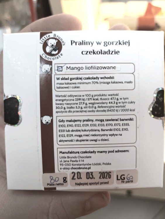 Skład Praliny od serca - Czekolada gorzka z mango